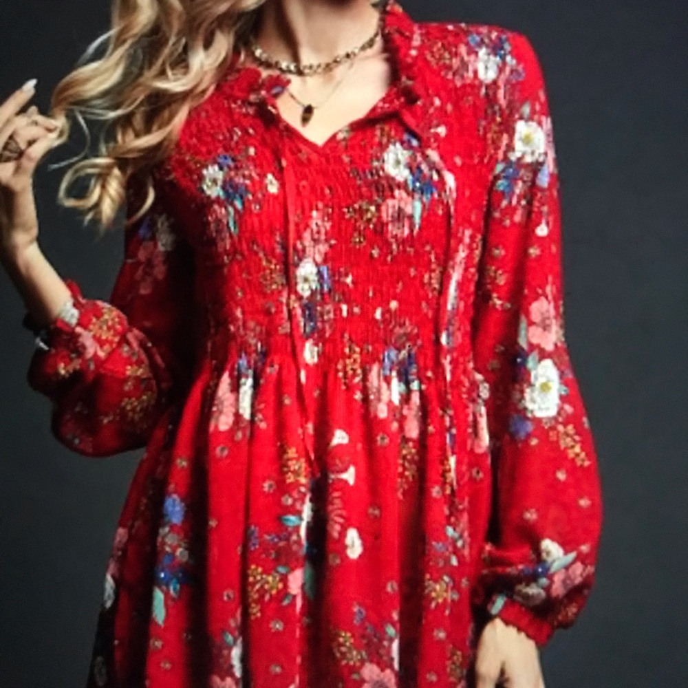 Red floral smocked empire waist tunic